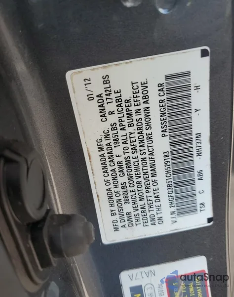 2012 Honda Civic Lx from USA, damaged, VIN 2HGFG3B51CH529183